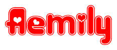 The image is a red and white graphic with the word Aemily written in a decorative script. Each letter in  is contained within its own outlined bubble-like shape. Inside each letter, there is a white heart symbol.