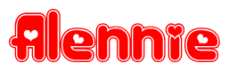 The image is a red and white graphic with the word Alennie written in a decorative script. Each letter in  is contained within its own outlined bubble-like shape. Inside each letter, there is a white heart symbol.