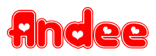 The image displays the word Andee written in a stylized red font with hearts inside the letters.