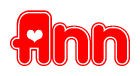 The image is a red and white graphic with the word Ann written in a decorative script. Each letter in  is contained within its own outlined bubble-like shape. Inside each letter, there is a white heart symbol.