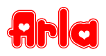 The image displays the word Arla written in a stylized red font with hearts inside the letters.
