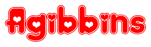 The image is a clipart featuring the word Agibbins written in a stylized font with a heart shape replacing inserted into the center of each letter. The color scheme of the text and hearts is red with a light outline.