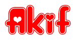 The image is a clipart featuring the word Akif written in a stylized font with a heart shape replacing inserted into the center of each letter. The color scheme of the text and hearts is red with a light outline.