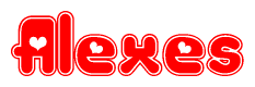 The image is a clipart featuring the word Alexes written in a stylized font with a heart shape replacing inserted into the center of each letter. The color scheme of the text and hearts is red with a light outline.
