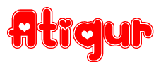 The image is a clipart featuring the word Atiqur written in a stylized font with a heart shape replacing inserted into the center of each letter. The color scheme of the text and hearts is red with a light outline.