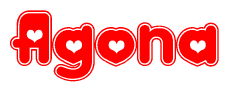 The image is a clipart featuring the word Agona written in a stylized font with a heart shape replacing inserted into the center of each letter. The color scheme of the text and hearts is red with a light outline.