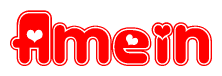 The image is a red and white graphic with the word Amein written in a decorative script. Each letter in  is contained within its own outlined bubble-like shape. Inside each letter, there is a white heart symbol.