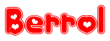 The image is a red and white graphic with the word Berrol written in a decorative script. Each letter in  is contained within its own outlined bubble-like shape. Inside each letter, there is a white heart symbol.