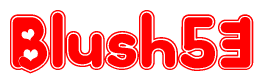 The image is a clipart featuring the word Blush53 written in a stylized font with a heart shape replacing inserted into the center of each letter. The color scheme of the text and hearts is red with a light outline.