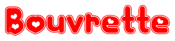 The image is a clipart featuring the word Bouvrette written in a stylized font with a heart shape replacing inserted into the center of each letter. The color scheme of the text and hearts is red with a light outline.
