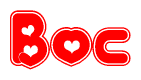 The image is a red and white graphic with the word Boc written in a decorative script. Each letter in  is contained within its own outlined bubble-like shape. Inside each letter, there is a white heart symbol.