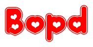 The image is a clipart featuring the word Bopd written in a stylized font with a heart shape replacing inserted into the center of each letter. The color scheme of the text and hearts is red with a light outline.