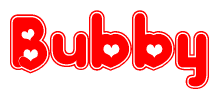 The image is a red and white graphic with the word Bubby written in a decorative script. Each letter in  is contained within its own outlined bubble-like shape. Inside each letter, there is a white heart symbol.