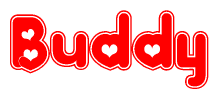 The image displays the word Buddy written in a stylized red font with hearts inside the letters.