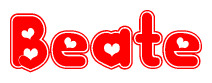 The image displays the word Beate written in a stylized red font with hearts inside the letters.