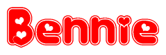 The image is a red and white graphic with the word Bennie written in a decorative script. Each letter in  is contained within its own outlined bubble-like shape. Inside each letter, there is a white heart symbol.