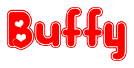 The image displays the word Buffy written in a stylized red font with hearts inside the letters.