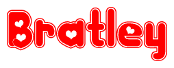 The image is a clipart featuring the word Bratley written in a stylized font with a heart shape replacing inserted into the center of each letter. The color scheme of the text and hearts is red with a light outline.