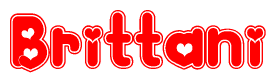 The image is a red and white graphic with the word Brittani written in a decorative script. Each letter in  is contained within its own outlined bubble-like shape. Inside each letter, there is a white heart symbol.