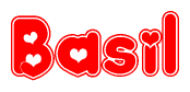 The image is a clipart featuring the word Basil written in a stylized font with a heart shape replacing inserted into the center of each letter. The color scheme of the text and hearts is red with a light outline.