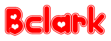 The image is a red and white graphic with the word Bclark written in a decorative script. Each letter in  is contained within its own outlined bubble-like shape. Inside each letter, there is a white heart symbol.