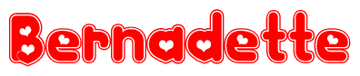 The image is a red and white graphic with the word Bernadette written in a decorative script. Each letter in  is contained within its own outlined bubble-like shape. Inside each letter, there is a white heart symbol.