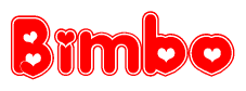 The image is a red and white graphic with the word Bimbo written in a decorative script. Each letter in  is contained within its own outlined bubble-like shape. Inside each letter, there is a white heart symbol.