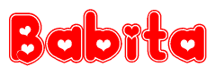 The image is a red and white graphic with the word Babita written in a decorative script. Each letter in  is contained within its own outlined bubble-like shape. Inside each letter, there is a white heart symbol.