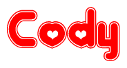 The image is a clipart featuring the word Cody written in a stylized font with a heart shape replacing inserted into the center of each letter. The color scheme of the text and hearts is red with a light outline.