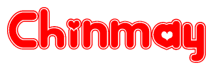 The image is a red and white graphic with the word Chinmay written in a decorative script. Each letter in  is contained within its own outlined bubble-like shape. Inside each letter, there is a white heart symbol.