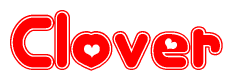 The image is a red and white graphic with the word Clover written in a decorative script. Each letter in  is contained within its own outlined bubble-like shape. Inside each letter, there is a white heart symbol.