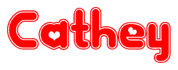 The image is a red and white graphic with the word Cathey written in a decorative script. Each letter in  is contained within its own outlined bubble-like shape. Inside each letter, there is a white heart symbol.