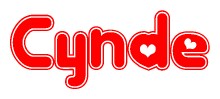 The image is a clipart featuring the word Cynde written in a stylized font with a heart shape replacing inserted into the center of each letter. The color scheme of the text and hearts is red with a light outline.