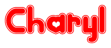 The image is a red and white graphic with the word Charyl written in a decorative script. Each letter in  is contained within its own outlined bubble-like shape. Inside each letter, there is a white heart symbol.