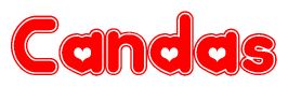 The image is a clipart featuring the word Candas written in a stylized font with a heart shape replacing inserted into the center of each letter. The color scheme of the text and hearts is red with a light outline.