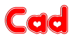 The image is a red and white graphic with the word Cad written in a decorative script. Each letter in  is contained within its own outlined bubble-like shape. Inside each letter, there is a white heart symbol.