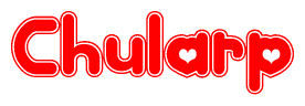 The image is a red and white graphic with the word Chularp written in a decorative script. Each letter in  is contained within its own outlined bubble-like shape. Inside each letter, there is a white heart symbol.