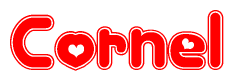 The image is a red and white graphic with the word Cornel written in a decorative script. Each letter in  is contained within its own outlined bubble-like shape. Inside each letter, there is a white heart symbol.