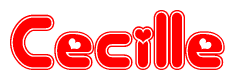 The image is a red and white graphic with the word Cecille written in a decorative script. Each letter in  is contained within its own outlined bubble-like shape. Inside each letter, there is a white heart symbol.