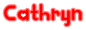 The image is a red and white graphic with the word Cathryn written in a decorative script. Each letter in  is contained within its own outlined bubble-like shape. Inside each letter, there is a white heart symbol.