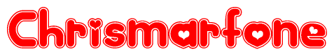 The image is a clipart featuring the word Chrismarfone written in a stylized font with a heart shape replacing inserted into the center of each letter. The color scheme of the text and hearts is red with a light outline.