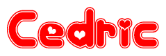 The image is a red and white graphic with the word Cedric written in a decorative script. Each letter in  is contained within its own outlined bubble-like shape. Inside each letter, there is a white heart symbol.