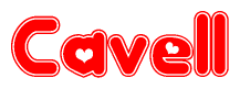 The image is a red and white graphic with the word Cavell written in a decorative script. Each letter in  is contained within its own outlined bubble-like shape. Inside each letter, there is a white heart symbol.