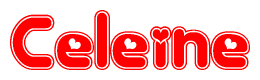 The image is a red and white graphic with the word Celeine written in a decorative script. Each letter in  is contained within its own outlined bubble-like shape. Inside each letter, there is a white heart symbol.