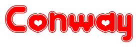 The image is a red and white graphic with the word Conway written in a decorative script. Each letter in  is contained within its own outlined bubble-like shape. Inside each letter, there is a white heart symbol.
