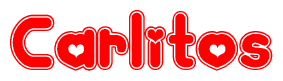 The image is a clipart featuring the word Carlitos written in a stylized font with a heart shape replacing inserted into the center of each letter. The color scheme of the text and hearts is red with a light outline.