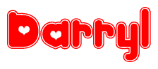 The image is a red and white graphic with the word Darryl written in a decorative script. Each letter in  is contained within its own outlined bubble-like shape. Inside each letter, there is a white heart symbol.