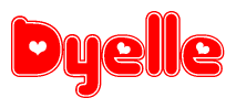 The image is a clipart featuring the word Dyelle written in a stylized font with a heart shape replacing inserted into the center of each letter. The color scheme of the text and hearts is red with a light outline.