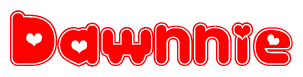 The image is a clipart featuring the word Dawnnie written in a stylized font with a heart shape replacing inserted into the center of each letter. The color scheme of the text and hearts is red with a light outline.