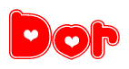 The image is a red and white graphic with the word Dor written in a decorative script. Each letter in  is contained within its own outlined bubble-like shape. Inside each letter, there is a white heart symbol.